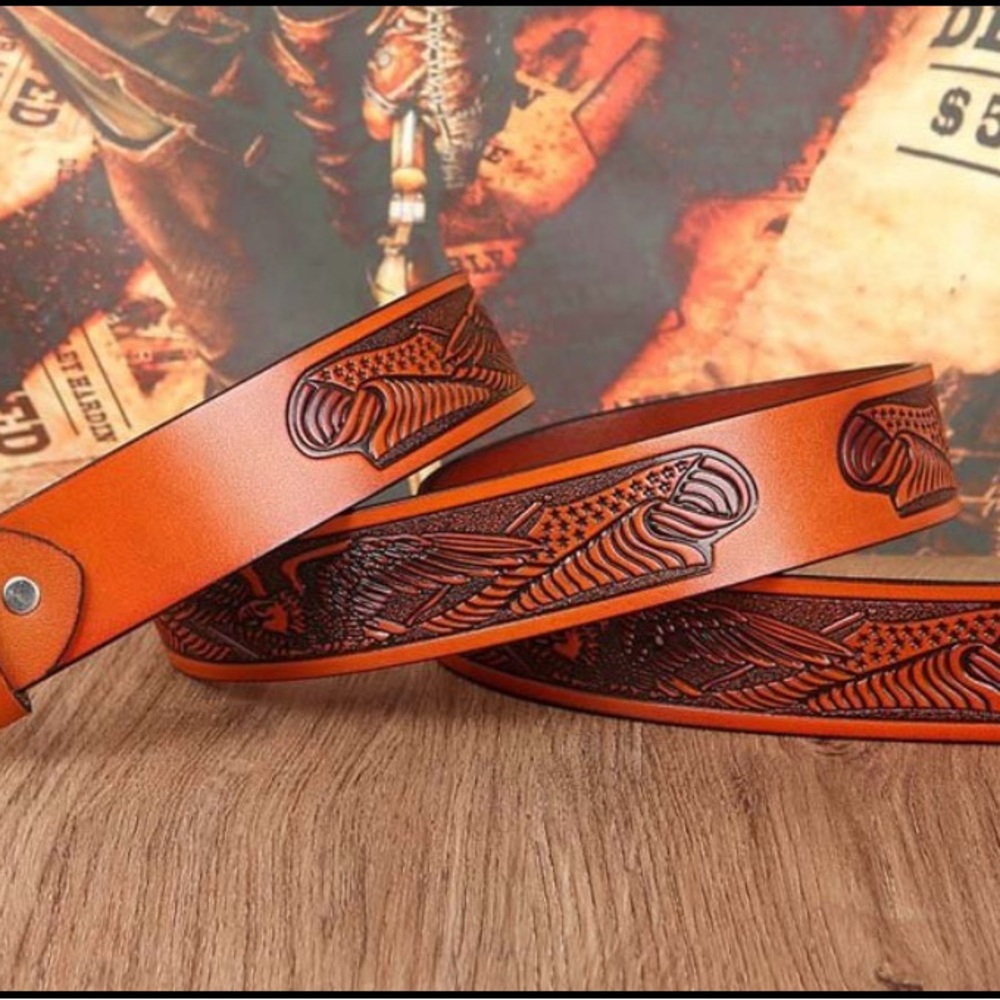 Embossed " Patriot  pride " American Eagle Leather Belt in Rich Chestnut Brown